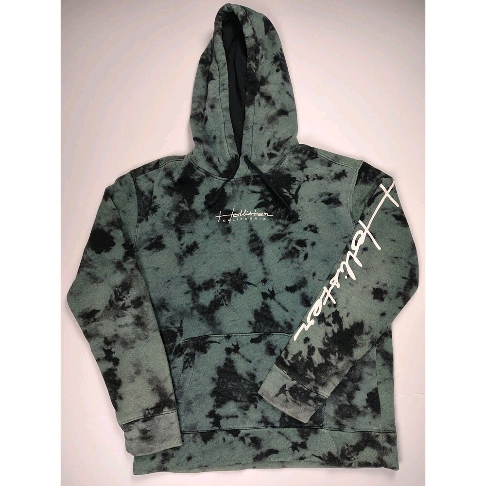 Hollister California Mens Black Green Tie Dye Script Logo Pullover Hoodie L